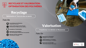 Recyclage : optimisation et tests de mise en œuvre

Les polymères possèdent des caractéristiques uniques, telles que les températures de mise en œuvre et la viscosité, qui influencent directement leur traitement. Grâce à nos laboratoires et halls technologiques, nous testons ces paramètres à l'échelle pilote pour déterminer le procédé de mise en œuvre le plus efficace, ajusté précisément à vos besoins.

Analyse du recyclage de votre produit : Nous évaluons la recyclabilité de votre produit, en réalisant une étude de démantèlement pour comprendre la faisabilité de la séparation des matériaux. Nous pouvons granuler, transformer votre matière et analyser son potentiel de recyclabilité.

Optimisation de formulation : Le recyclage des polymères peut affecter leur intégrité. Nous testons l'impact des cycles de recyclage sur votre produit et déterminons le taux optimal d'incorporation de matière recyclée, en préservant les propriétés mécaniques essentielles.

Rédaction de fiches techniques : Besoin d’une fiche technique pour vos polymères recyclés ? Nous vous fournissons une caractérisation complète, essentielle pour orienter vos clients sur les applications et propriétés de votre matière.

Valorisation : Transformez vos déchets en ressources

Vous avez identifié un gisement de déchets plastiques ou organiques ? Nous vous aidons à explorer son potentiel de valorisation.

Identification et Évaluation : Nous évaluons la faisabilité de valorisation de vos déchets, en vous accompagnant depuis l’étude préliminaire jusqu’aux tests concrets d’utilisation dans le domaine des matériaux.

Veille scientifique et technique : Si vous rencontrez des défis liés à la mise en œuvre ou au comportement des matériaux, nous réalisons une veille technique pour trouver des solutions innovantes et adaptées à votre produit.

Optimisation des procédés : Une fois le potentiel de votre gisement confirmé, nous testons et optimisons les procédés de valorisation, maximisant ainsi la qualité, le coût et les délais de production.